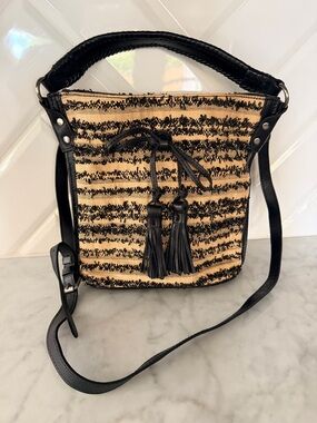 PATRICIA NASH Black and Natural Woven PURSE Bucket Bag